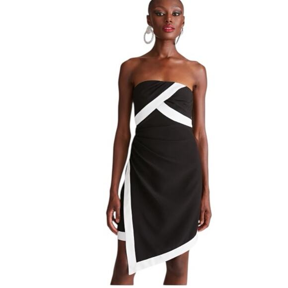 Halston Strapless Cocktail Mini Dress Black White Trim Size 6 Party Evening Wear - Picture 3 of 5